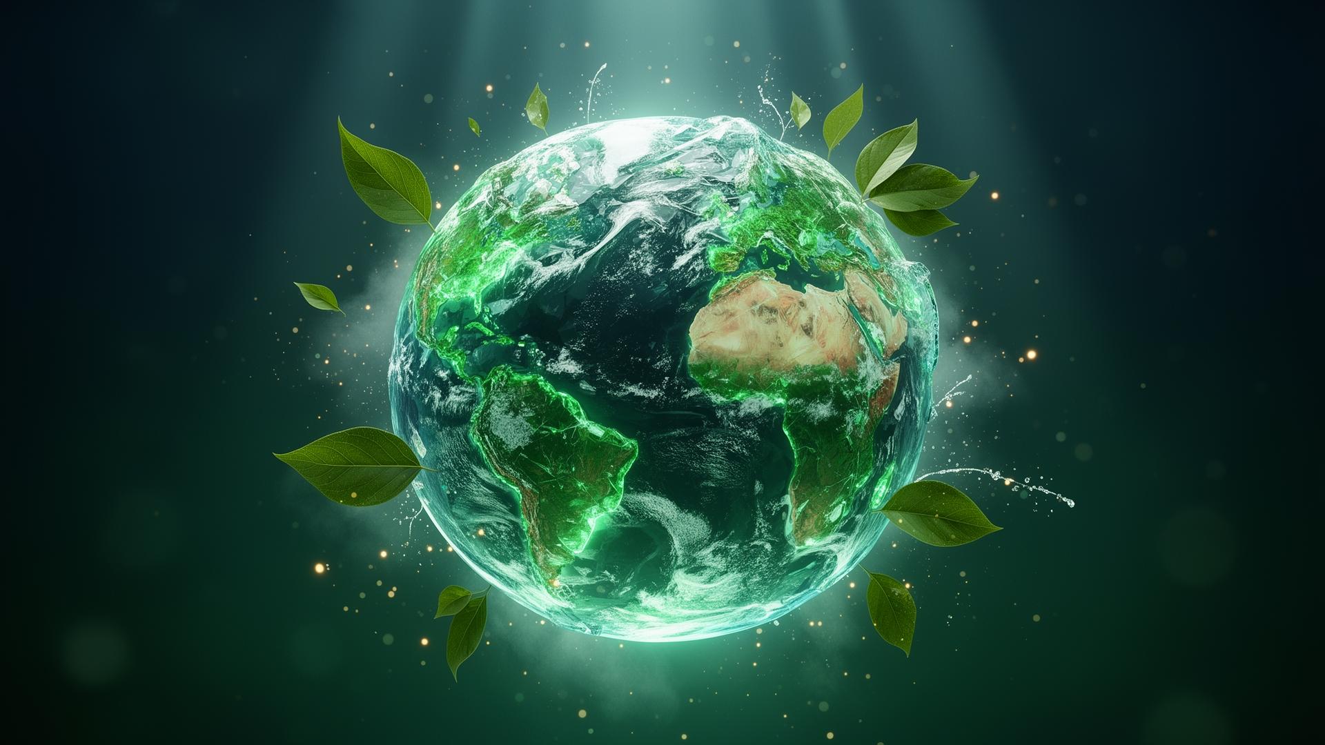 Planeta sustentável envolto por folhas e gotas de água — DaVinci Ambiental